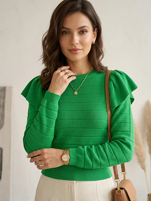 Sweater Crop Top Verde Vibrante con Vuelos en Hombros | Carobaska