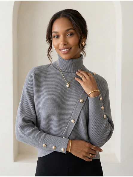 Sweater Gris Mujer Manga Murciélago de Cuello Alto con Botones | Carobaska 2