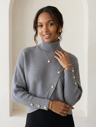 Sweater Gris Mujer Manga Murciélago de Cuello Alto con Botones | Carobaska