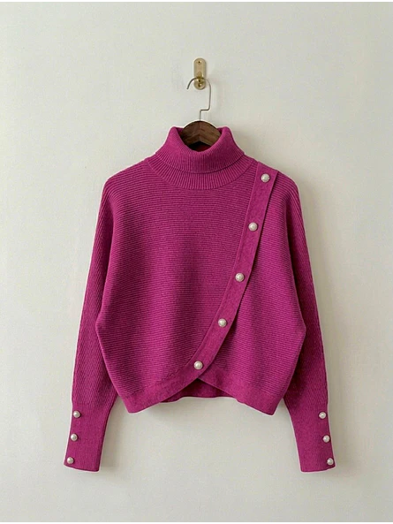 Sweater Beatle Mujer Fucsia Magenta Manga Murciélago con Botones | Carobaska 1