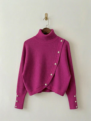 Sweater Beatle Mujer Fucsia Magenta Manga Murciélago con Botones | Carobaska