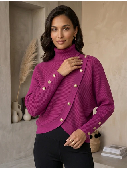 Sweater Beatle Mujer Fucsia Magenta Manga Murciélago con Botones | Carobaska 4