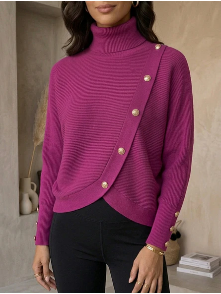 Sweater Beatle Mujer Fucsia Magenta Manga Murciélago con Botones | Carobaska 2