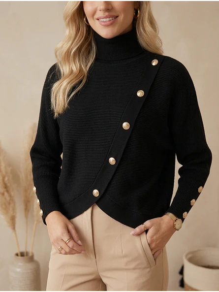 Sweater Negro Mujer Manga Murciélago de Cuello Alto con Botones | Carobaska 5