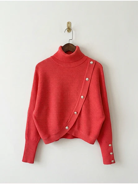 Sweater Beatle mujer Coral Manga Murciélago con Botones | Carobaska 4
