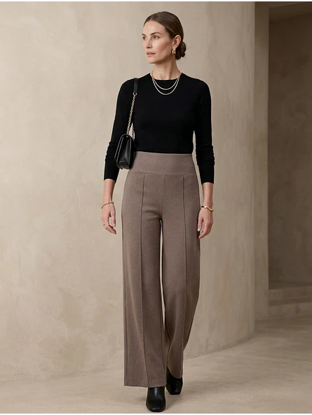 Pantalón Beige Mujer Palazzo Tito Alto de Lanilla Elegante | Carobaska 2