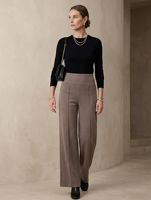 Pantalón Beige Mujer Palazzo Tito Alto de Lanilla Elegante | Carobaska