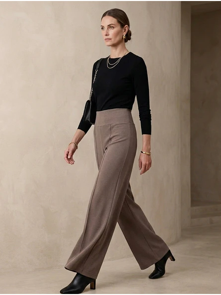 Pantalón Beige Mujer Palazzo Tito Alto de Lanilla Elegante | Carobaska 3