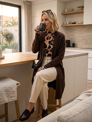 Polera Beatle Mujer Animal Print Camel manga Larga puño ojal | Carobaska