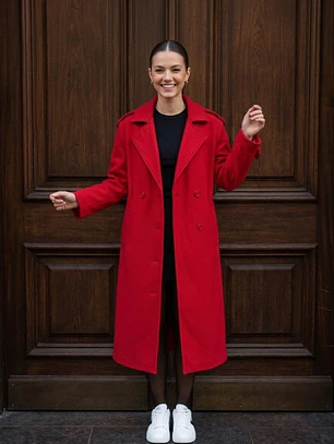 Abrigo Largo de Paño de Lana Rojo con Cinturón | Carobaska