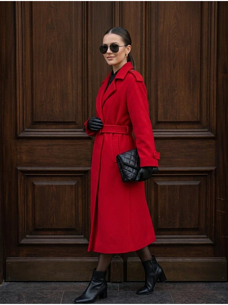 Abrigo Largo de Paño de Lana Rojo con Cinturón | Carobaska 3