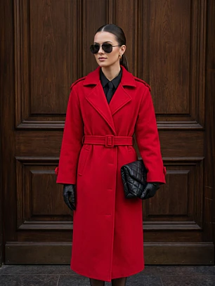 Abrigo Largo de Paño de Lana Rojo con Cinturón | Carobaska