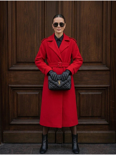 Abrigo Largo de Paño de Lana Rojo con Cinturón | Carobaska 8