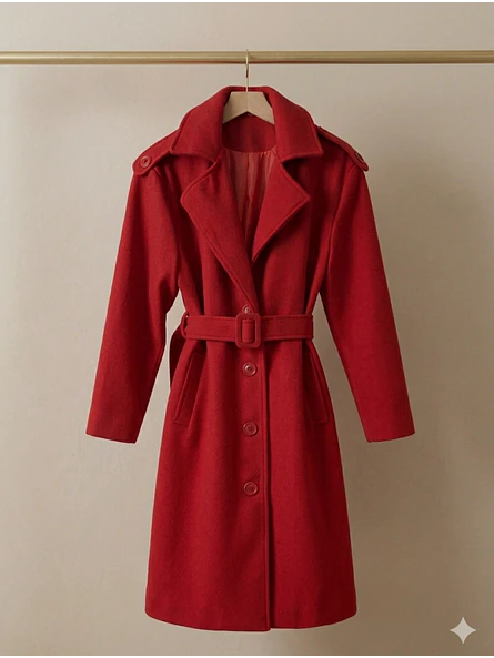 Abrigo Largo de Paño de Lana Rojo con Cinturón | Carobaska 6