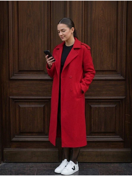 Abrigo Largo de Paño de Lana Rojo con Cinturón | Carobaska 4
