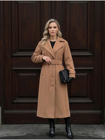 Abrigo Largo de Paño de Lana Beige con Cinturón | Talla L | Carobaska 3