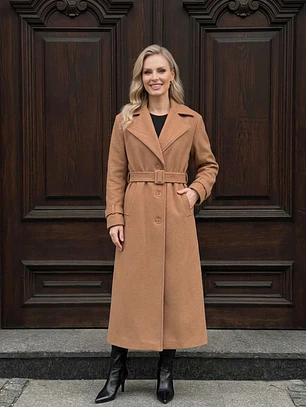 Abrigo Largo de Paño de Lana Beige con Cinturón | Talla L | Carobaska