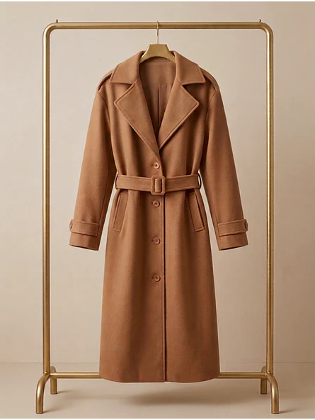 Abrigo Largo de Paño de Lana Beige con Cinturón | Talla L | Carobaska 5