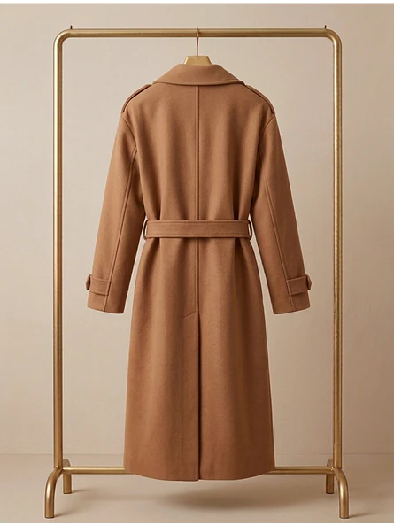 Abrigo Largo de Paño de Lana Beige con Cinturón | Talla L | Carobaska 6