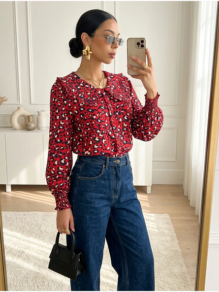 Blusa Animal Print Roja Mujer Manga Larga 1