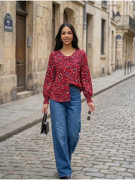 Blusa Animal Print Roja Mujer Manga Larga 4