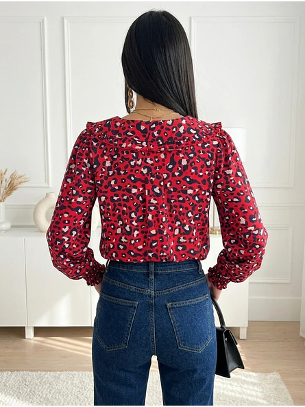 Blusa Animal Print Roja Mujer Manga Larga 5