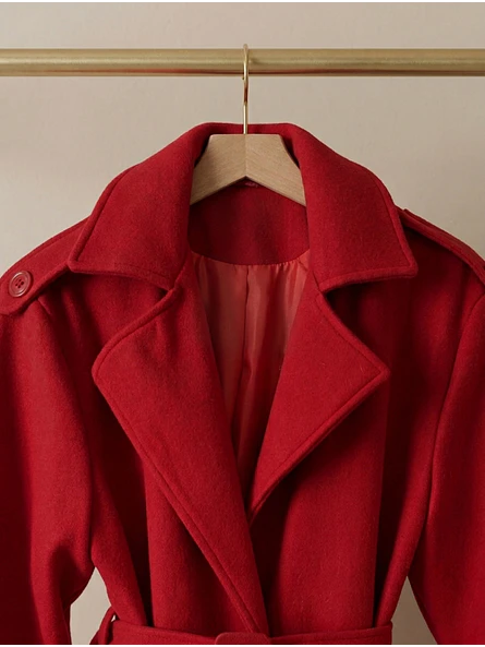 Abrigo Largo Rojo Mujer de Paño Lana con Cinturón 6