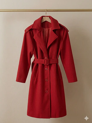 Abrigo Largo  Rojo de Paño de Lana con Cinturón | Carobaska