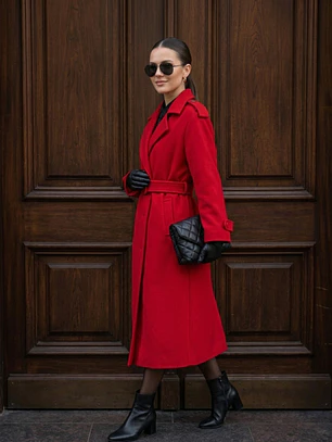 Abrigo Largo  Rojo de Paño de Lana con Cinturón | Carobaska