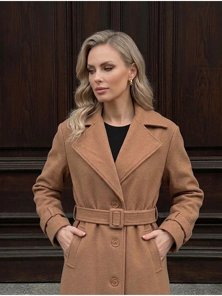 Abrigo Largo Beige Mujer de Paño Lana con Cinturón 3