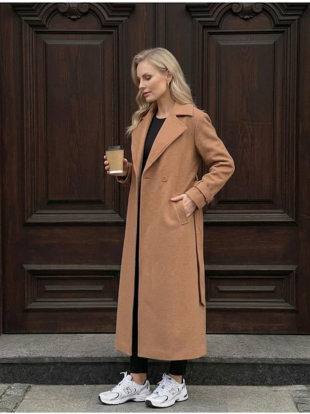 Abrigo Largo Beige Mujer de Paño Lana con Cinturón 2