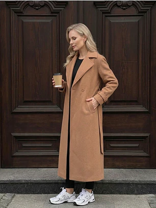 Abrigo Largo de Paño de Lana Beige con Cinturón | Talla L | Carobaska