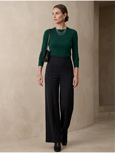 Pantalón Palazzo Negro Mujer tiro alto de Lanilla Premium 