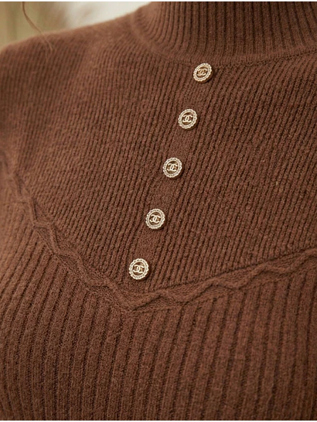 Sweater Térmico Mujer Café Botones Decorativos Invierno 5