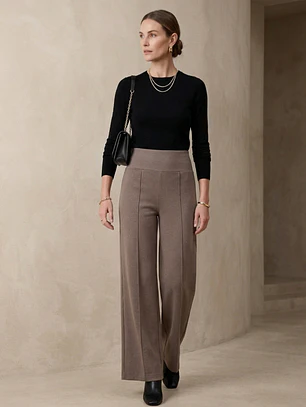 Pantalón Beige Mujer Palazzo Tito Alto de Lanilla Elegante | Carobaska