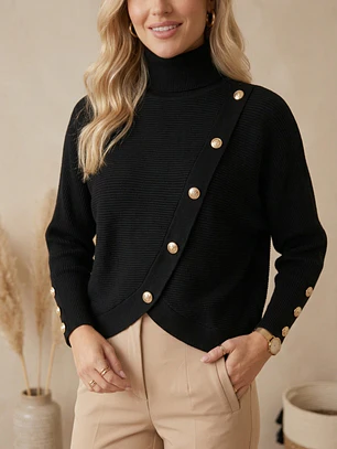 Sweater Negro Mujer Cuello Alto con Botones Dorados