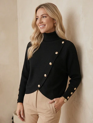 Sweater Negro Mujer Manga Murciélago de Cuello Alto con Botones | Carobaska