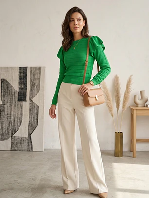 Sweater Crop Top Verde Vibrante con Vuelos en Hombros | Carobaska