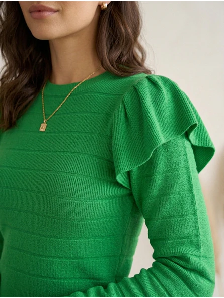 Sweater Verde Mujer Vuelos Hombros Crop Manga Larga 5