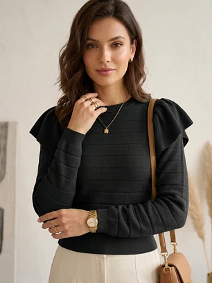 Sweater Crop Negro Mujer con Vuelos Elasticado | Carobaska