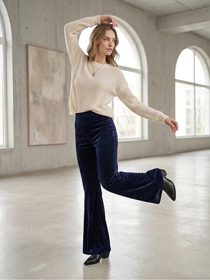 Pantalón Palazzo de Terciopelo Azul Elegancia sin Costuras | Carobaska