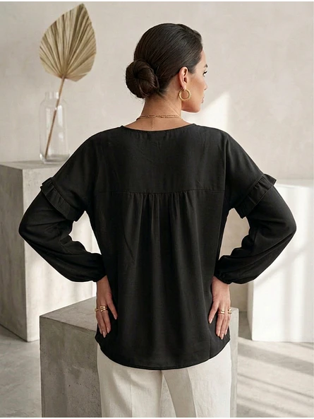 Blusa Negra Mujer con vuelos manga Larga Elegante | Carobaska 3
