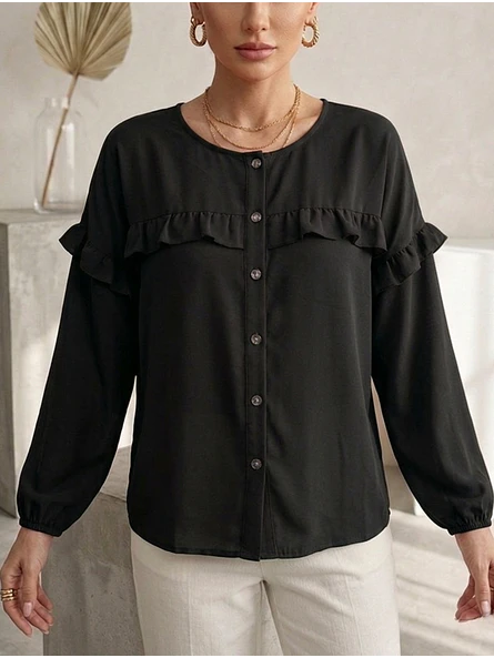 Blusa Negra Mujer con vuelos manga Larga Elegante | Carobaska 4