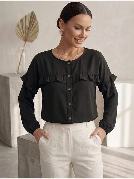 Blusa Negra Mujer con vuelos manga Larga Elegante | Carobaska 1