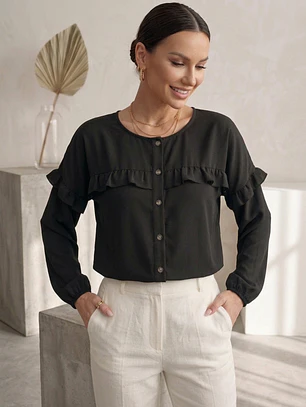 Blusa Negra Mujer con vuelos manga Larga Elegante | Carobaska