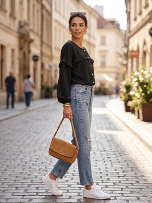 Blusa Negra Mujer con Vuelos Manga Larga Elegante