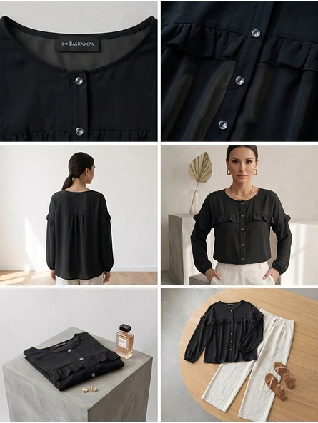 Blusa Negra Mujer con vuelos manga Larga Elegante | Carobaska 7