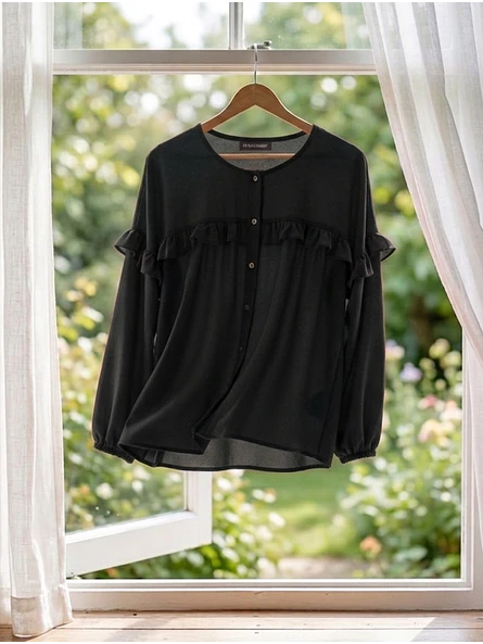 Blusa Negra Mujer con vuelos manga Larga Elegante | Carobaska 8