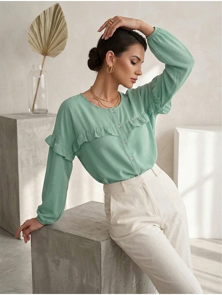 Blusa Verde Menta Mujer con Vuelos Casual | Carobaska 2