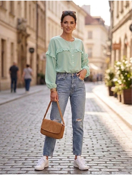 Blusa Verde Menta Mujer con Vuelos Casual | Carobaska 1